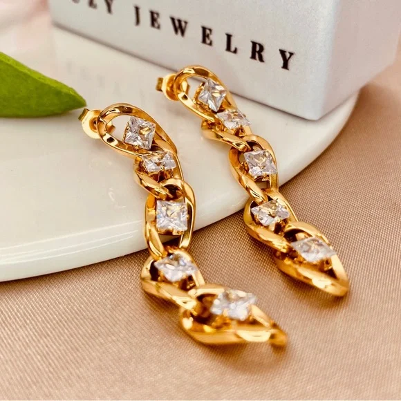 Gorgeous Titanium Diamond CZ Cuban Curb Link Chain Earrings in Gold - Picture 2 of 7